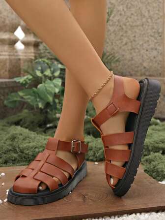 Retro Slip On Sandals For Women, Soft Sole Summer New Thick Bottom Woven Strap Casual Soft Bottom Roman Shoes