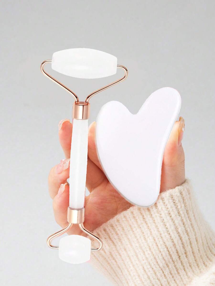 2pcs Face Gua Sha Massage Tools, Includes 1pc Double-Head Massage Roller And 1pc Heart-Shaped Gua Sha Board, Helps Reduce Puffiness, Calm And Lift Skin Through Facial Massage (Made Of ABS Plastic) - White - View 1