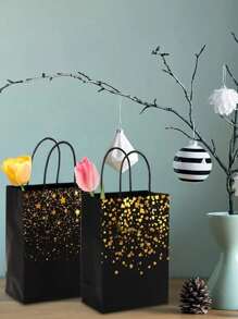 6 pièces Sacs cadeaux marron et noirs, sacs en papier kraft avec feuille d'or, sacs cadeaux en papier kraft avec anses, sacs de faveurs de fête pour mariage, anniversaire, Noël, Saint-Valentin (21x15cm). Décorations de fête pour cadeaux, remise des diplômes, anniversaire.