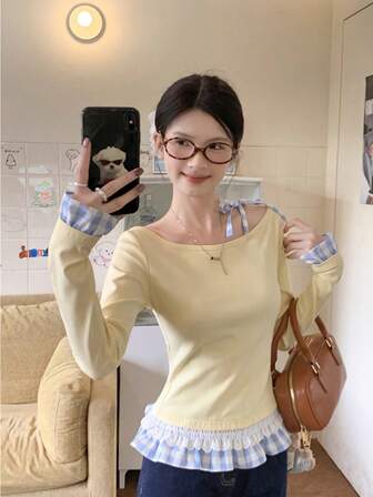 新款女士春秋季针织长袖圣诞角色扮演简约黄色二合一修身荷叶边下摆打底衫上衣，适合娇小身材