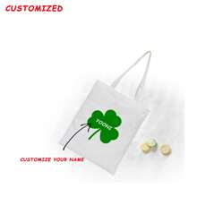 Personalized St. Patrick's Day Shoulder Bag, Minimalist Large Capacity Shopping Tote Bag, Customized With Name, Nickname, Birthday, Anniversary Info, Stylish Commuter Bag, Green Clover Hollow Out Text Custom Design - Beige - View 3