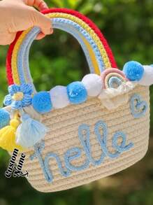 (Customized) 1pc Handmade Personalized Colorful Pom Pom, Floral "Popcorn" Style Sweet Rainbow Crochet Beach Tote Bag, Great For Vacations - Multicolor - View 4