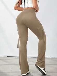 Y2K 宽腰带高弹力口袋带装饰提臀健身运动健身喇叭腿紧身裤工装裤 - 大地色 - 查看 2