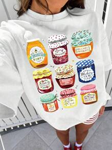 Oversized Loose Fit Short Sleeve T-Shirt, Spring/Summer Vacation Style Picnic Fruit Print, Suitable For Beach, Picnic, Camping, Featuring Orange, Cherry, Blueberry, Orange, Peach, Lemon Fruit Patterns, Suitable For All Ages, Perfect For Vacation, Daily Wear And Gatherings - White - View 2