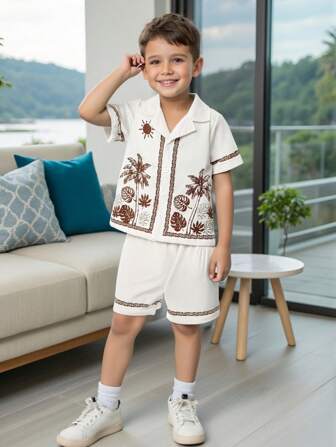 2Pcs Young Boys Summer Set: Coconut Tree Printed V-Neck Button-Down Shirt And Comfortable Shorts