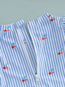 Traje de baño de manga larga con estampado de rayas y animales marinos para niña con protección contra erupciones y sombrero para el sol. - Azul - Ver 4