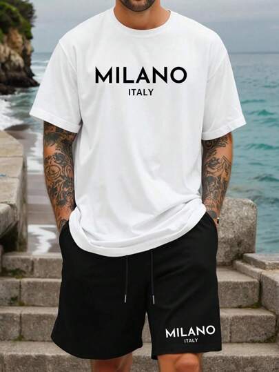 Plus Size Men's T-Shirt Set - Casual Basic Round Neck Short Sleeve T-Shirt + Sports Shorts, Fashion Simple Print Men's Top Set, Cozy Outfits