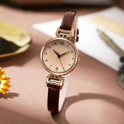 1个极简设计电子秤手表，小表盘，真皮表带，石英机芯，适合日常佩戴、考试，可作为周年纪念日、生日或毕业礼物送给女孩。