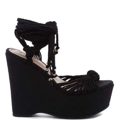 SCHUTZ Kary Black Tie Around Ankle Fabric High Platform Wedge Sandals