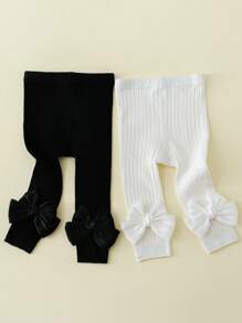 2 Packs Cotton Girls Satin Bow Detail Cropped Leggings