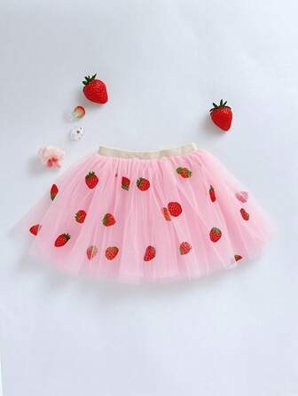 女孩可爱风格草莓刺绣网眼薄纱芭蕾舞裙