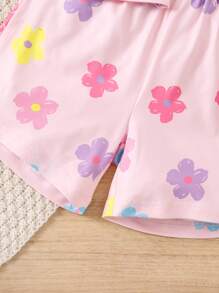 2 قطعة/طقم قميص بأكمام قصيرة ذو رقبة طاقم واشورت بطبعة زهور عادية للبنات الصغيرات، مناسب للصيف