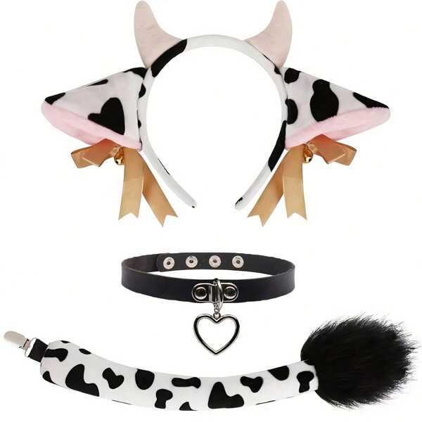 Juego de 3 piezas de accesorios de decoración de vaca - Diadema con orejas de vaca de poliéster, cola, campana y lazo de cinta - Lavable a mano - Ideal para fiestas de animales, cosplay, Halloween, Navidad, San Valentín, cumpleaños, despedidas de soltera, graduación - Sin electricidad necesaria, conjunto de disfraz de fiesta de graduación
