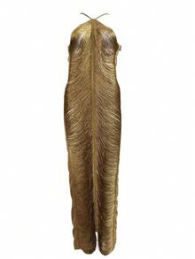Sexy Fashion Women's Sleeveless Spaghetti Strap Backless Fringe Slit Party Maxi Dress - Gold - View 3
