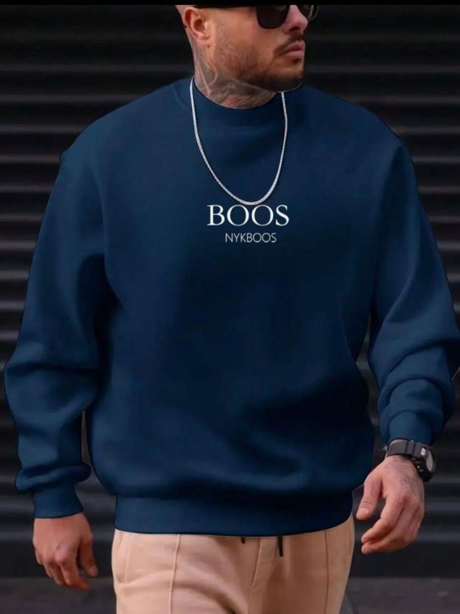 Booos Men's Round Neck Sweatshirt Premium Cotton Flannel Jacket Blouse New Release - Navy Blue - View 1