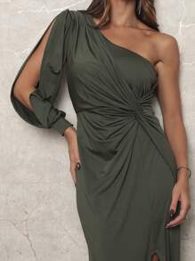 Long One Shoulder Dress With Padded Bra, Side Opening And Slit For Party Wedding Graduation - Army Green - View 2