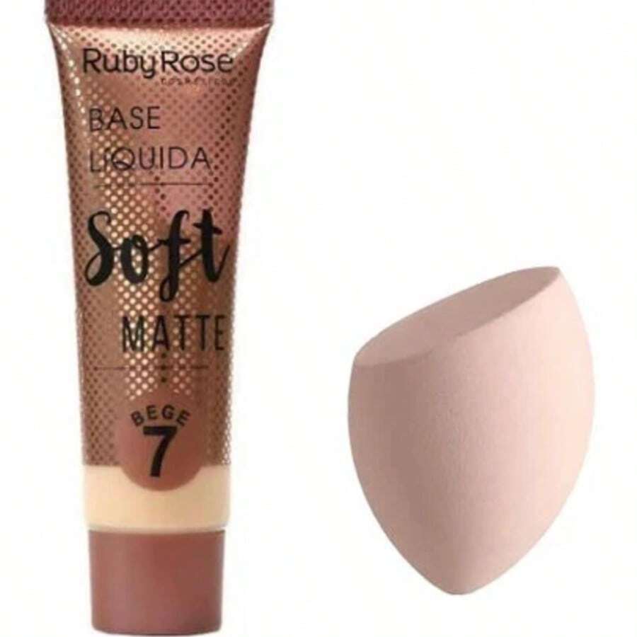 KIT Base Líquida Soft Matte Bege Ruby Rose HB8050+1PC Esponjas Faciais Para Maquiagem(COR aleatórias) - Bege7 + Esponja (COR condicionados) - Visão 1