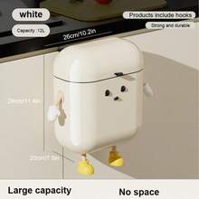 1 Pc Large Capacity Square White Plastic Cute Cartoon Hanging Trash Can - Wall Mounted With Lid, No Drilling Required, Includes Space-Saving Hook, Ideal For Kitchen And Bathroom Organization - Milky White - View 6