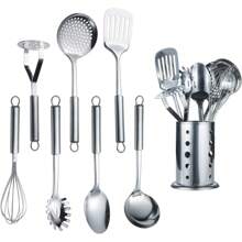 Berglander Cooking Utensil Set 8 Piece, Stainless Steel Kitchen Tool Set With Stand,Cooking Utensils, Slotted Tuner, Ladle, Skimmer, Serving Spoon, Pasta Server,Potato Maseher, Egg Whisk. (8 Pieces) - A. 8 miếng - Xem 8