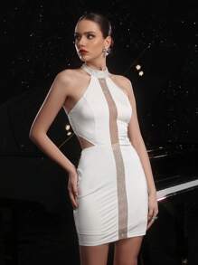 Rochie de seară fără spate, elegantă, cu panouri din plasă tricotată elastică, cu strasuri, pentru femei, pentru petrecere, de nuntă, cu imprimeu floral