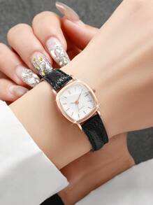 Bộ 4 chiếc đồng hồ thạch anh mặt vuông cổ điển dành cho nữ và dây da thời trang thanh lịch, không bao gồm hộp đựng đồng hồ - Nhiều màu - Xem 3
