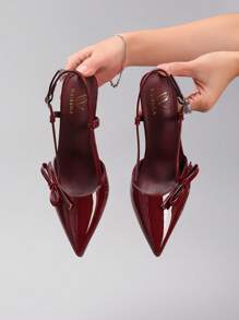 Zapatos de tacón alto con lazo para mujer, zapatos de tacón sexy con puntera puntiaguda para fiestas y eventos, brillante color vino tinto - Burdeos - Ver 3