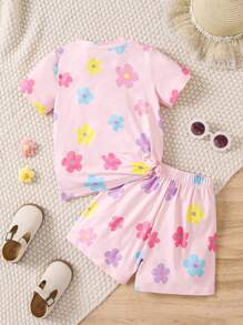 2 قطعة/طقم قميص بأكمام قصيرة ذو رقبة طاقم واشورت بطبعة زهور عادية للبنات الصغيرات، مناسب للصيف