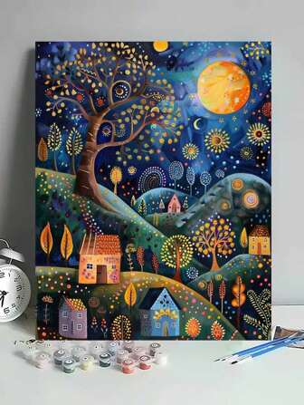 1 Set Village Under Moonlight Digital Painting Art DIY Kit, Artistic Oil Painting Set For Bedroom And Wall Decor, Simple Yet Fun Painting, No Painting Basis Required, Fulfill Your Artist Dream, Immerse In The Colorful World, Every Stroke Is Self-Expression, Adds Romanticism To Life, Best Gift For Family And Friends, 40*50CM