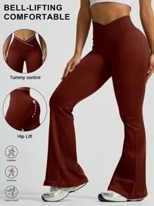 女士时尚交叉腰瑜伽裤蜜桃臀户外徒步运动长裤 - 紫紅色 - 查看 8