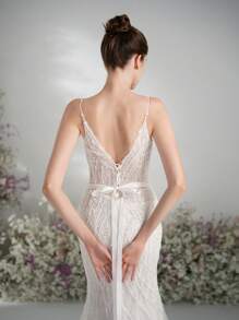 Fish Tail Big V-Back Wedding Dress Shoulder Strap Design Style Wedding Dress Lawn Wedding Outdoor Wedding Dress Bow Belt Design Wedding Dress Lace Style Wedding Dress,Bride - White - View 9