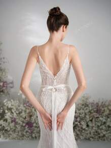 Fish Tail Big V-Back Wedding Dress Shoulder Strap Design Style Wedding Dress Lawn Wedding Outdoor Wedding Dress Bow Belt Design Wedding Dress Lace Style Wedding Dress,Bride