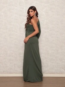 Long One Shoulder Dress With Padded Bra, Side Opening And Slit For Party Wedding Graduation - Army Green - View 5