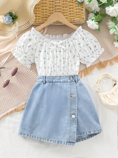 2pcs/Set Girls Casual Ditsy Floral Ruffle Collar Puff Sleeve Crop Top And Asymmetrical Denim Mini Skirt Skort Set, Summer Outfit