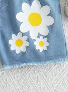 2pcs/Set Tween Girls Summer Lightweight Solid Color Camisole & Floral Print Denim Shorts Set - White - View 6