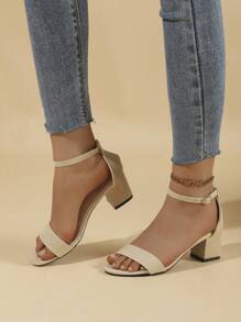 女士新款圆头可调节系带高跟凉鞋，夏季时尚休闲仙女风格粗跟百搭正装鞋 - 米色 - 查看 6