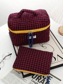 1 PC Set Of Red Checkered Pattern Makeup Bag, Checkered Decoration, Handheld Travel Makeup Bag, Simple Large Capacity Makeup Bag, Suitable For Wallets, Lipsticks, Sanitary Napkins, Mats, Coins, And School Dormitories. Suitable For Women, Girls, Students, And Holiday Gifts. Holiday Essentials Travel Essentials Travel Bag Travel Accessories - Red - View 17