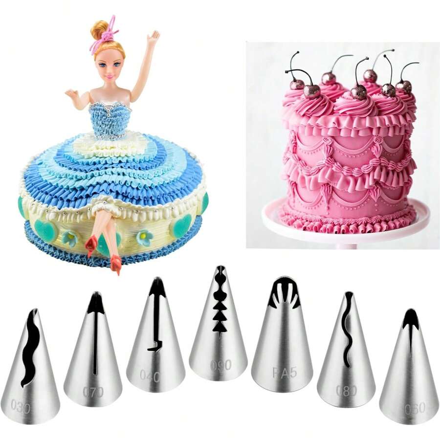 7Pcs Pleated Skirt Piping Tips Set,Stainless Steel Ruffle Piping Nozzles Icing Tips Set For Pastry Cupcakes,Cakes Cookies Decorating - Silver - View 1