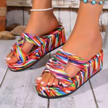 Pantuflas con suela gruesa para mujer, pantuflas con plataforma de colores múltiples para uso interior y exterior - Rojo y blanco - Ver 2