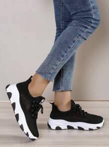 A Pair Of Women's Shoes, Women's Wedge Heel Thick Soled Sports Shoes, Comfortable Lace Up Women's Running Shoes, Fashionable Casual Knitted Breathable Women's Chunky Sneakers