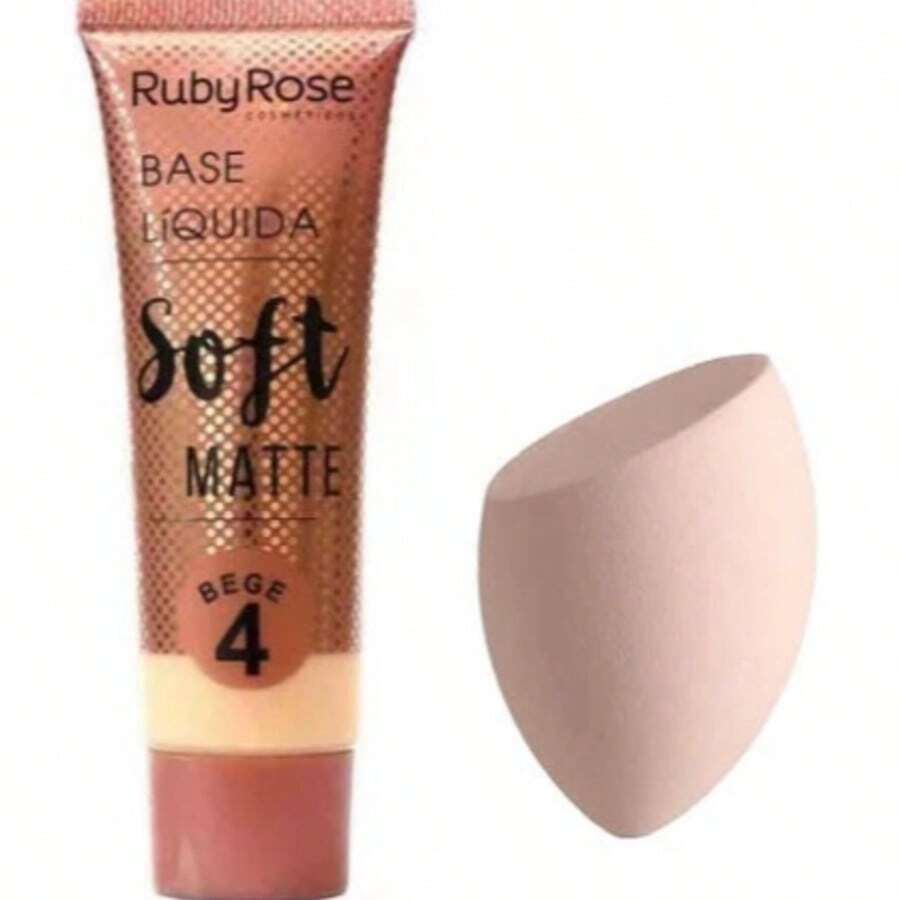KIT Liquid Foundation Soft Matte Beige Ruby Rose HB8050+1PC Facial Sponges For Makeup (Random COLORS) - Bege4 + Esponja (COR aleatorias) - Ver 1