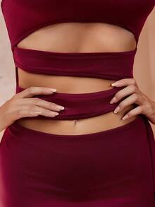 Persoshow 女士纯色不对称肩斜腰镂空不对称褶皱系带紧身迷你春夏连衣裙，正式舞会礼服，适合婚礼嘉宾、毕业典礼、晚宴、音乐节 - 酒紅色 - 查看 7