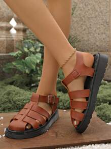 Women's Comfortable Sexy Ankle-Wrap Flat Sandals, Brown Ladies Gladiator Holiday Sandals - Brown - View 7