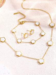 3pcs Women Fashion Elegant 5-Leaf Flower Bracelet, Necklace, Earrings Set, Stainless Steel Non-Fading, Suitable For Daily Wear, Good Gift For Friends