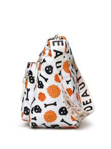 [万圣节]骷髅印花大容量斜挎包，多口袋轻便旅行包，适合购物或旅行