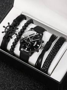 Set de 5 piezas de relojes vintage para hombre - Pulsera de cuerda de cuentas hecha a mano, reloj de piel de PU con pantalla de calendario precisa, cómodo para uso casual y deportivo, regalo ideal para él
