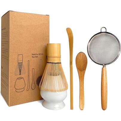 Set Of 5,Bamboo Matcha Whisk Set -Matcha Whisk (Chasen),Whisk Holder(White),Sifter,Tea Scoop And Tea Spoon,The Perfect Bamboo Whisk For Matcha Tea. Wonderful Gift For Matcha Lover Back To School