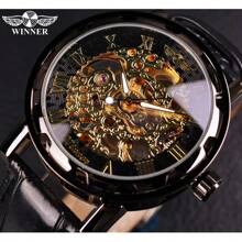 T-WINNER Winner Black Gold Male Clock Men Skeleton Men Watches Top Brand Luxury Leather Wristwatch Men Mechanical Watch