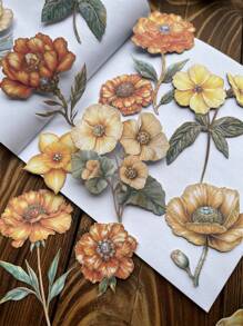 15pcs/Pack Vintage Thick 3D Paper Flower Branch Stickers, Floral Print Decoration For Journal Scrapbooking,School Supplies,Back To School