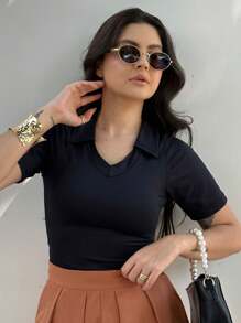 Women's Polo Neck Blouse Suplex Modal Wandinha V-Neck Sleeve Baby Look - Black - View 1