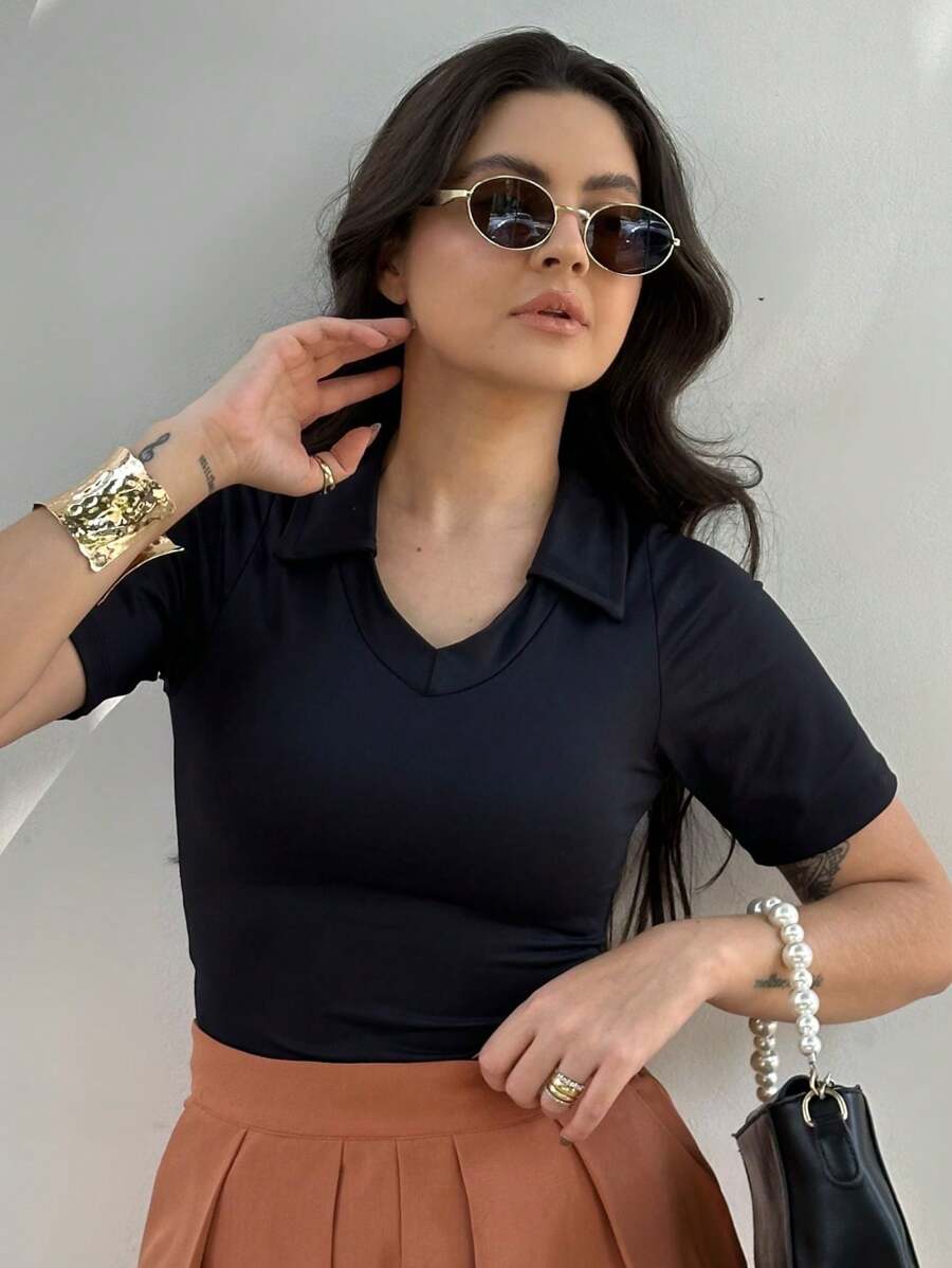 Women's Polo Neck Blouse Suplex Modal Wandinha V-Neck Sleeve Baby Look - Black - View 1